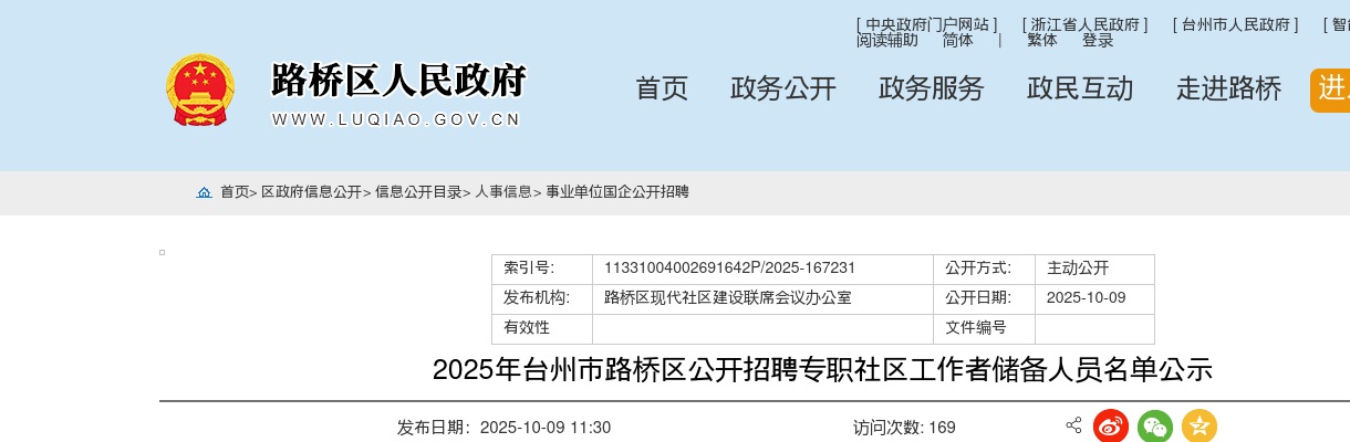 2025年路桥区招聘专职社区工作者储备人员名单公示 图片